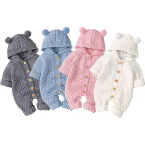 Suitable for Newborn Baby Girls and Boys Hooded Sweater Jumpsuit Knitted Bear Ears Long Sleeve Solid Color Button Jumpsuit Winter Clothing