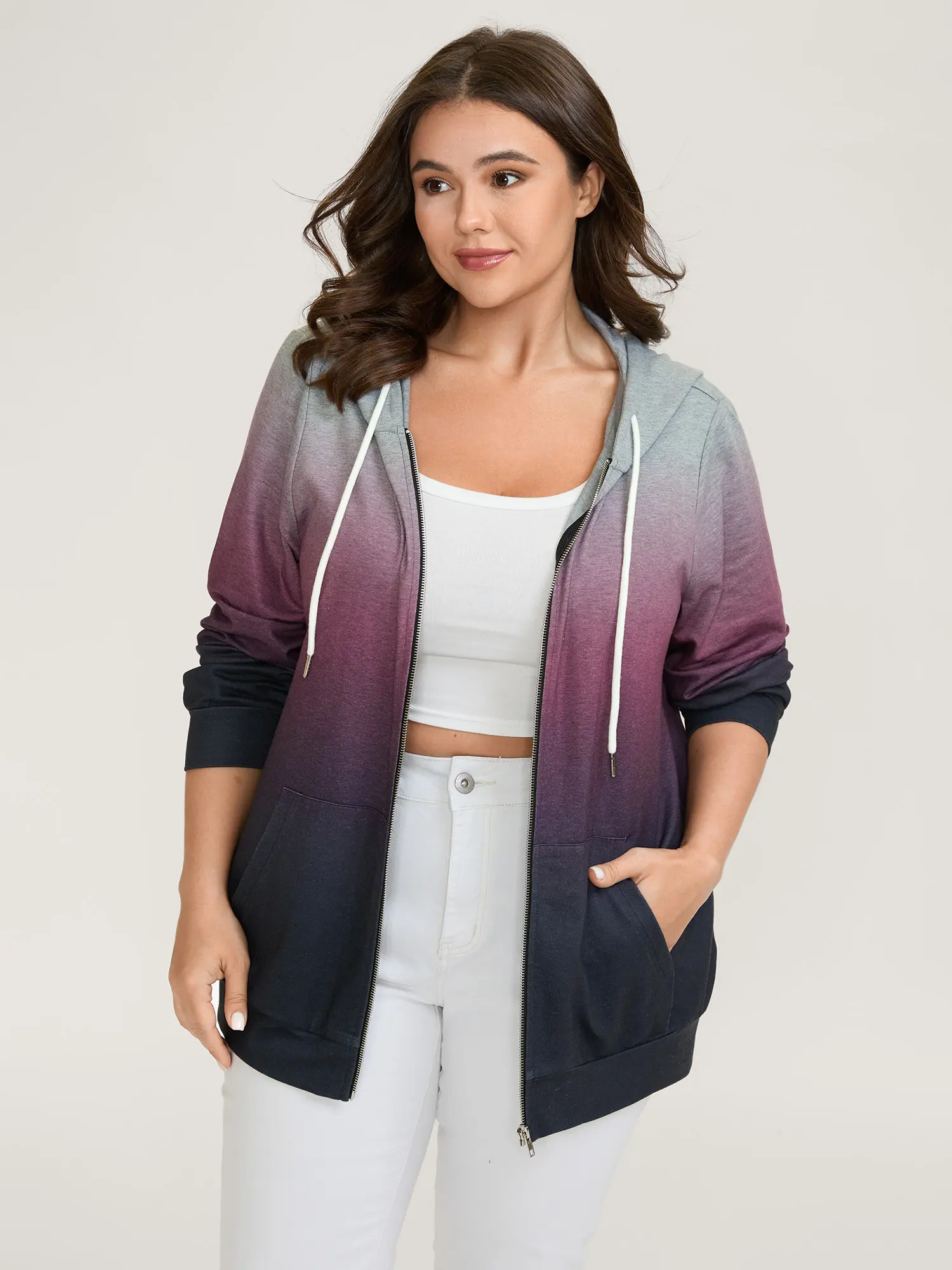 BLOOMCHIC Women's Hooded Zipper Multicolor Ombre Gradient Coat - Long Sleeves, Regular Fit, Medium Stretch Spandex-Polyester Smooth Fabric, Drawstring & Patch Pockets, Cold Wash, Machine Washable, 2026 Summer Casual Wear