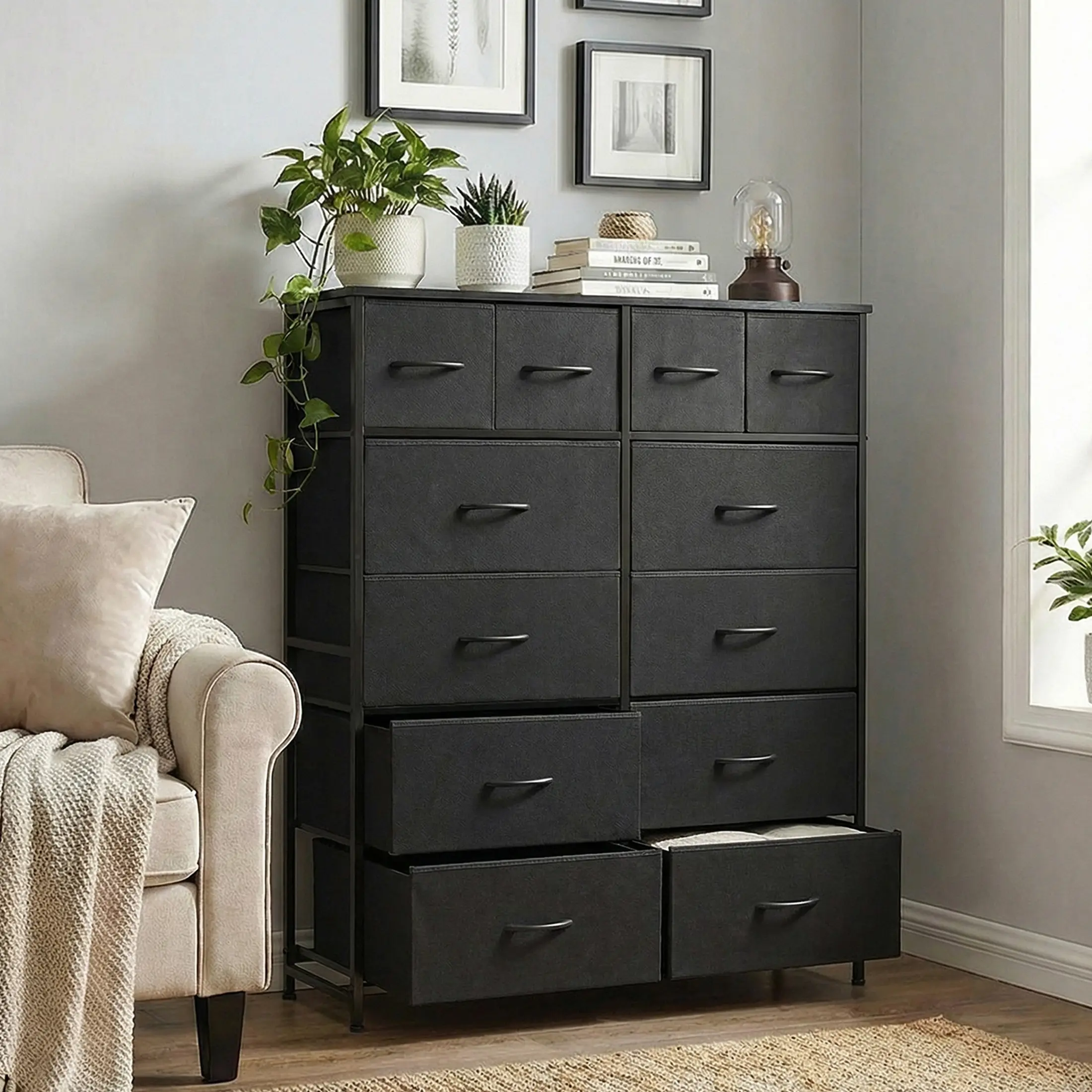 12-Drawer Fabric Dresser - Practical Bedroom Storage Cabinet, Home & Office Room Storage Organization Solution, Removable Fabric Drawer, Multiple Storage Drawers