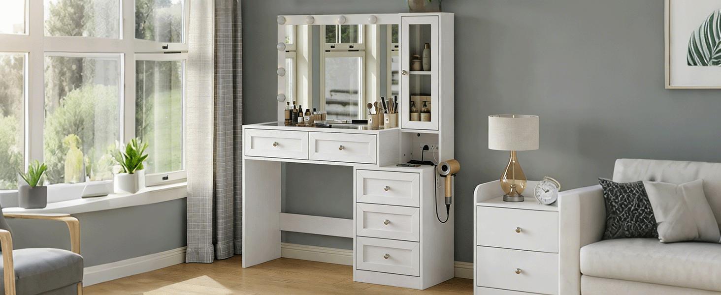 CollaredEagle 43" W Vanity Desk with Mirror & 11 Lights, 5 Drawer Modern Makeup Desk with Glass top  3 Lighting Modes Brightness Adjustable,,Vanity Table with Power Outlet.