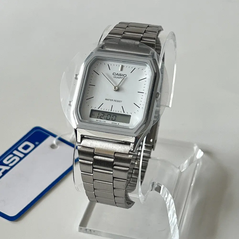 Casio Unisex Vintage Analog-Digital Watch AQ230A Classic Design White Stainless Steel Bracelet