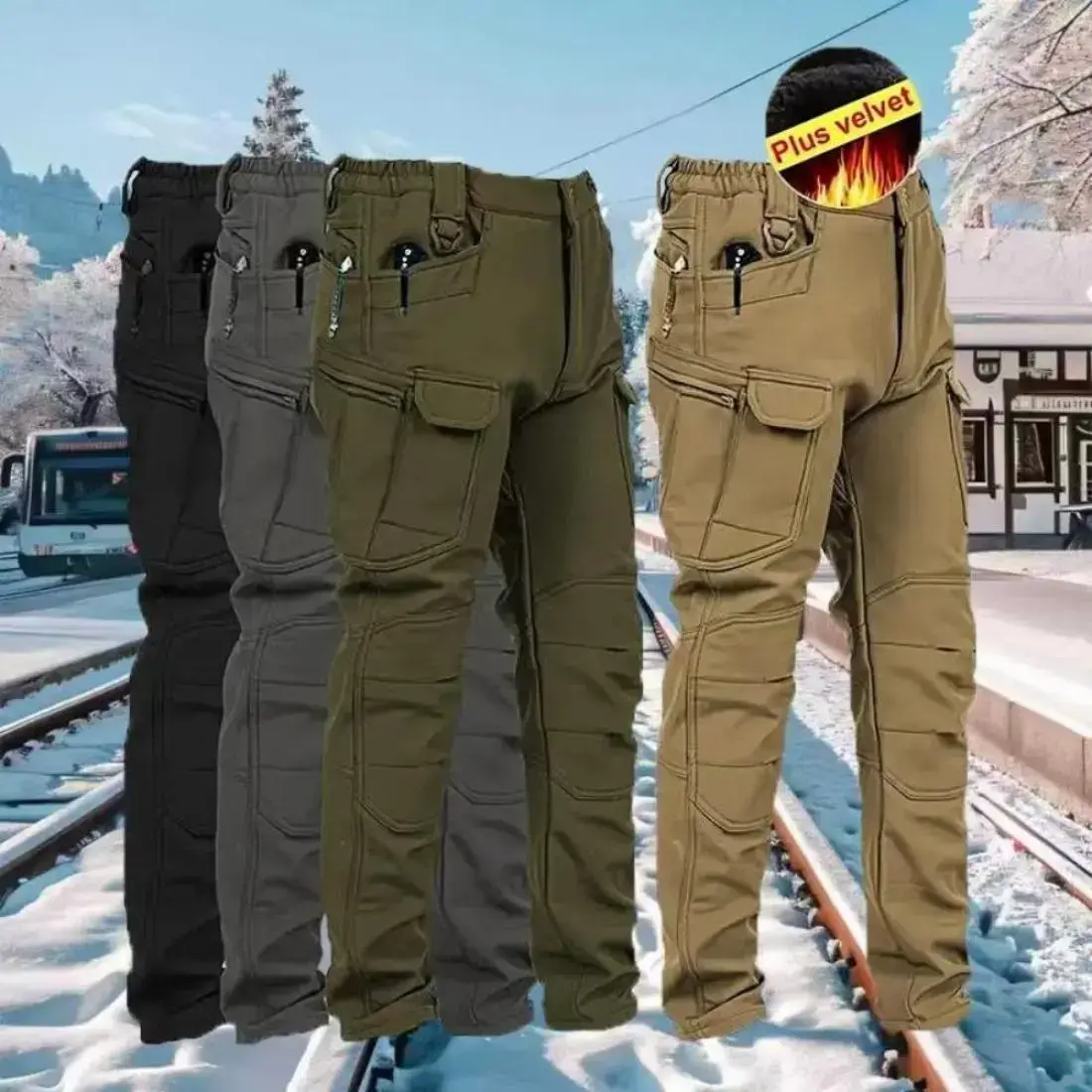 Men's Wind-Resistant Warm Fleece-Lined Utility Pants - 320G/M² Soft Shell with Multiple Pockets, No Belt Needed, for Outdoor Work, Hiking & Casual Winter Wear