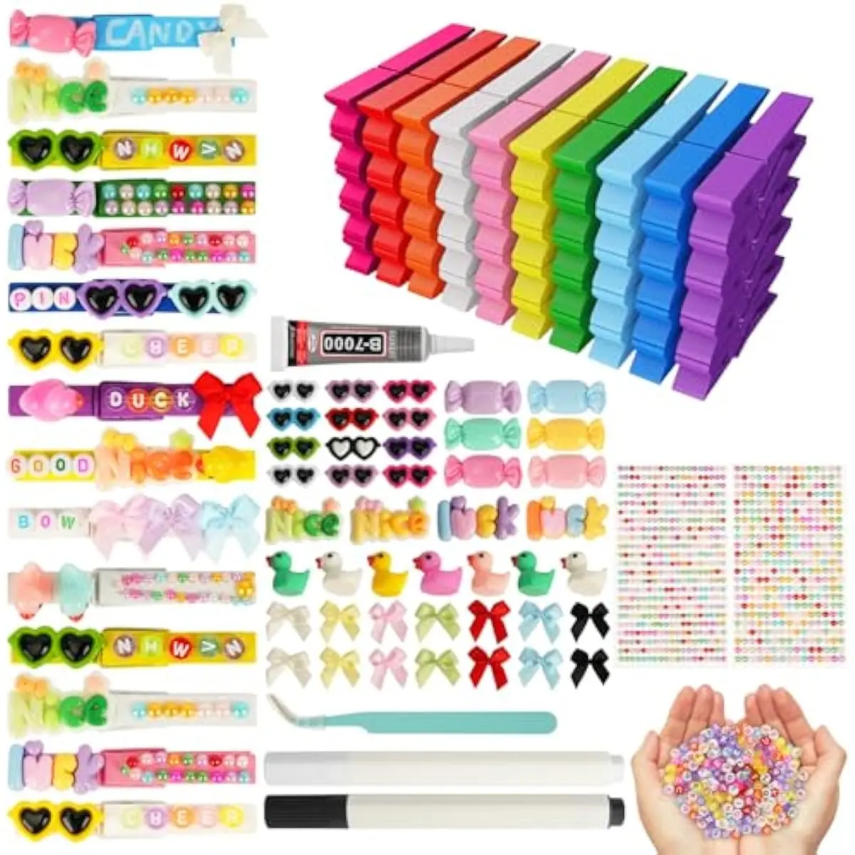 50 Set Cheer Pins Kit Spirit Clips, 50 Colored Wooden Clothes Pins 58 Resin Charms and 2 Gem Stickers 200 Letter Beads for Classroom Crafts & Cheerleading Gift, Cheer Set with Glue & Tools