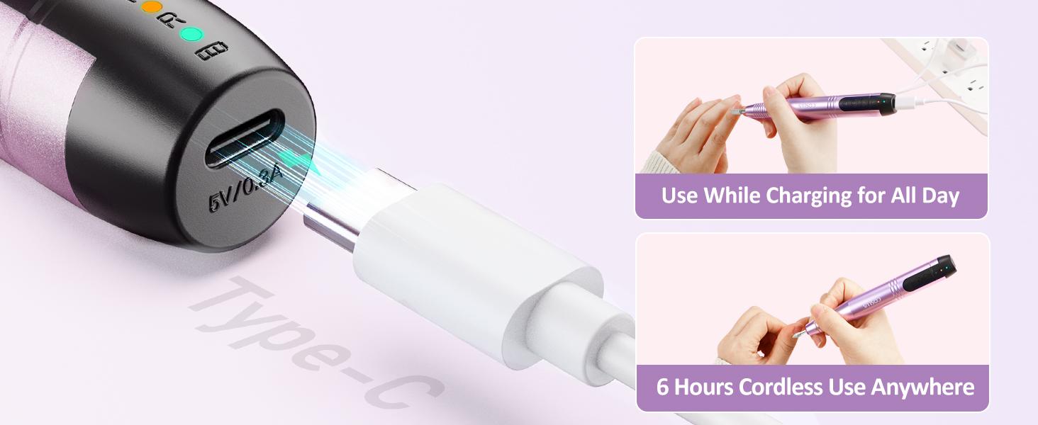 COSLUS C20 Professional Electric Nail Drill Kit - Cordless Rechargeable with 6 Bits & 60 Sanding Bands for Acrylic Gel Nails - Lightweight Portable for DIY Manicure Pedicure - Quiet Low Heat Design - Ideal for Home Salon Use
