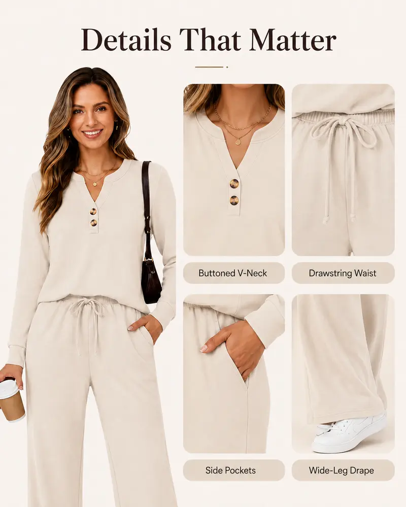 Wiholl Women's 2-Piece Fashion Lounge Set - Long Sleeve Top & Pants, Wide Leg Palazzo, Casual Set for Fall Travel Airport Outfits