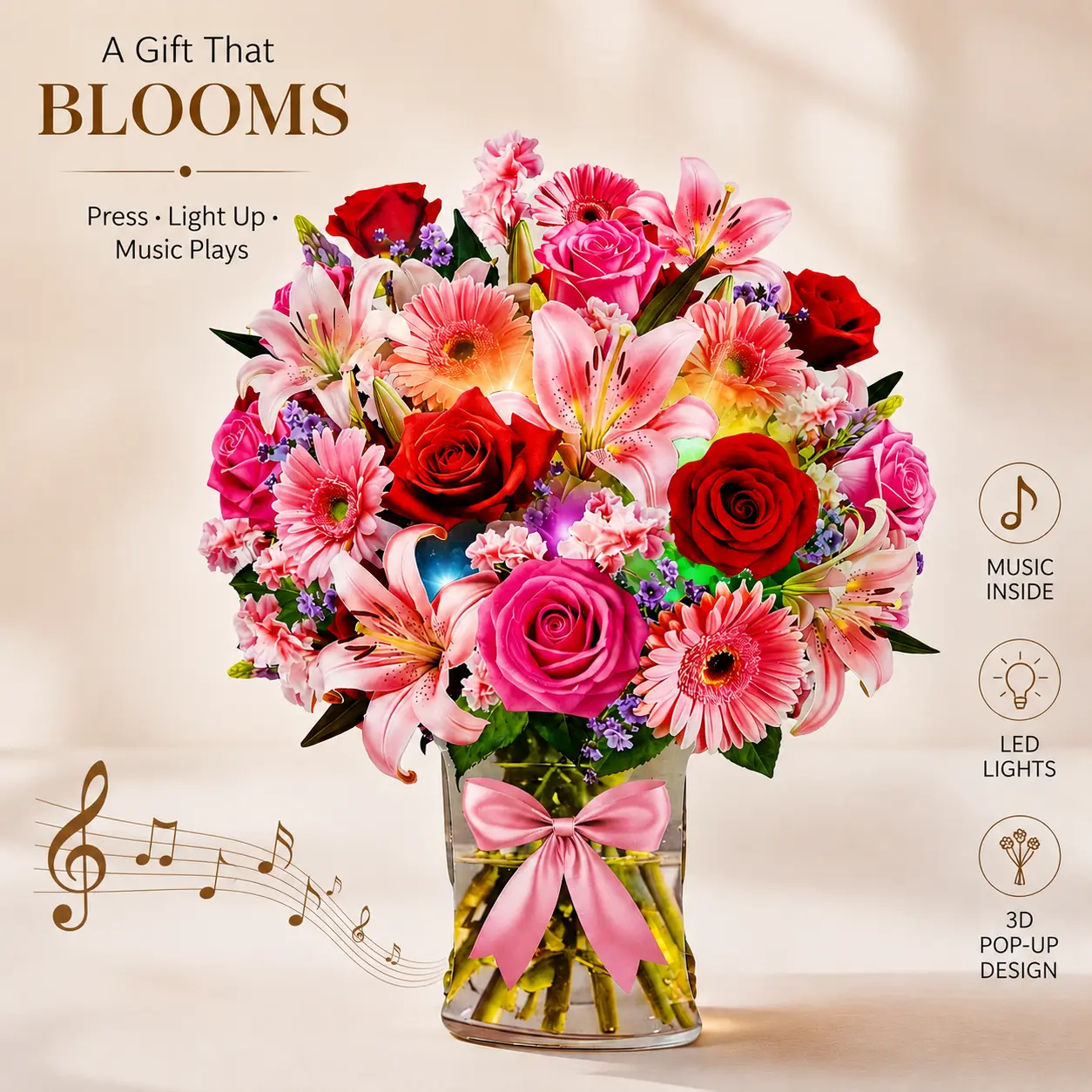 3D Pop-Up Paper Flower Bouquet Greeting Card with Music & Lights - Lily, Daisy, Carnations Design - Gift for Mom, Women for Birthday, Anniversary