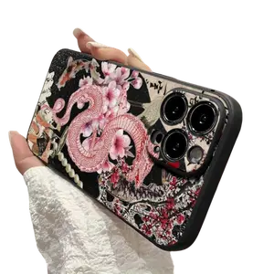 Dragon and Cherry Blossom Koi Traditional Kimono Pattern Smartphone Case, TPU Material Shockproof Cellphone Protector, Simple Style Handheld Phone Accessory for iPhone 16/15/14/13/12/11 Pro & Google Pixel 10 Pro XL, Gift for Family Friends