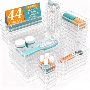 44pcs Clear Drawer Organizer Set – Multi-Size Plastic Storage Trays for Kitchen, Vanity & Office