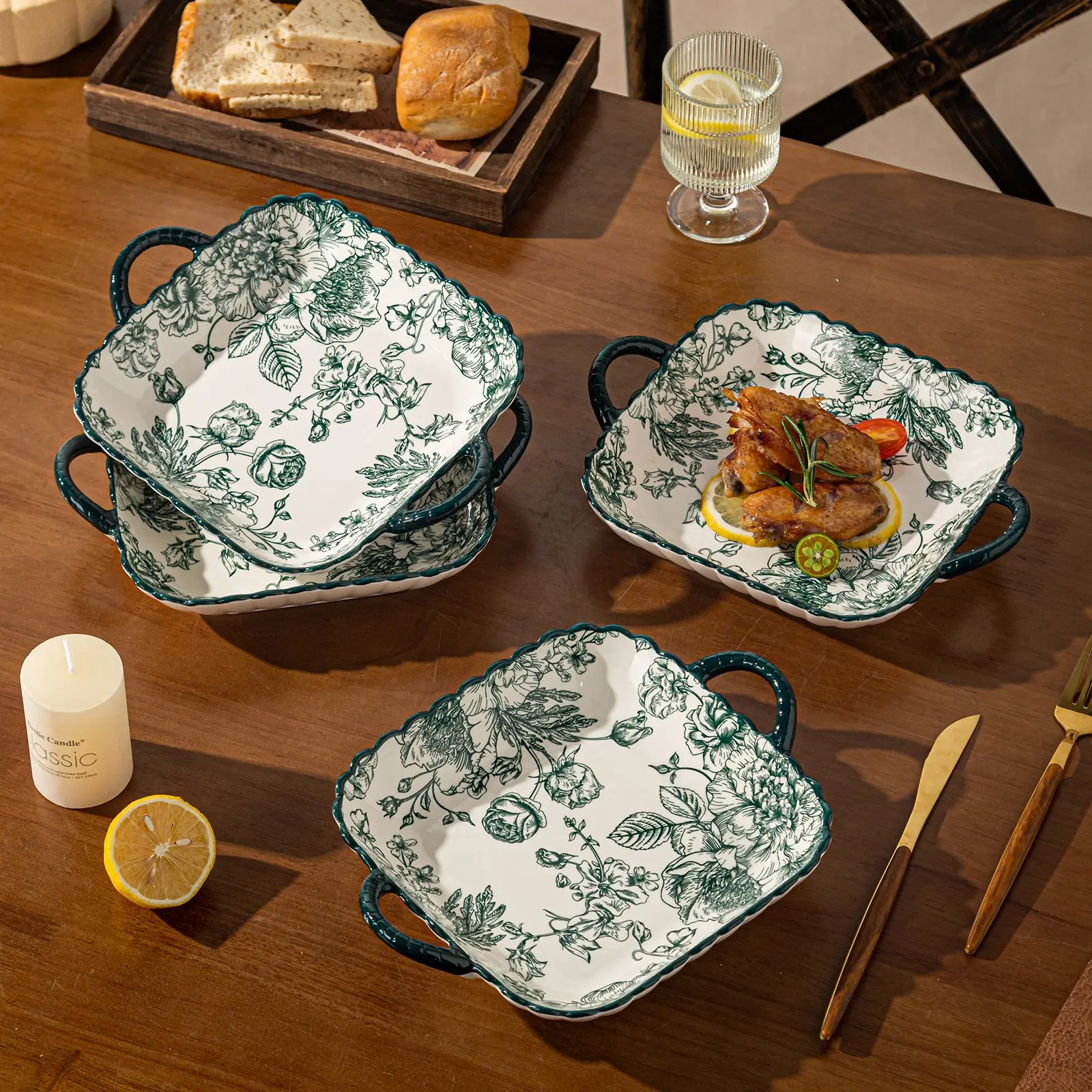 Vintage Green Rose Ceramic Dinner Serving Plates, Set of 4, 9.25-Inch Double-Handled Square Plates for Kitchen, Microwave, Oven & Dishwasher Safe Tableware