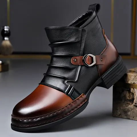 DINAOR Retro Colorblock High-top Trendy Boots with British Buckle Design, Comfortable and Versatile Footwear
