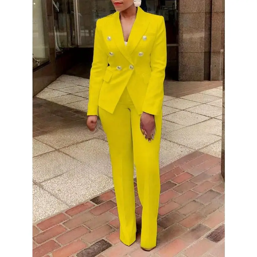 Women's Fitted 2-Piece Blazer Trouser Set - Basic Elegant Solid Minimalist Corporate Suit with High-Waisted Button Pants for Business Office Wear, High Waist, Ready To Wear, Classy Two Piece Sets