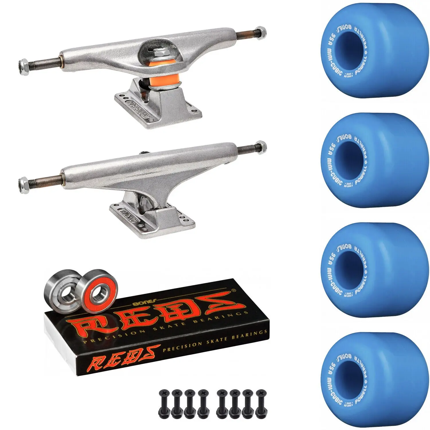 Independent Skateboard Package - 149 (8.5") Trucks, Powell Peralta Mini-Cubic Blue Wheels, Amp 5 Bearings