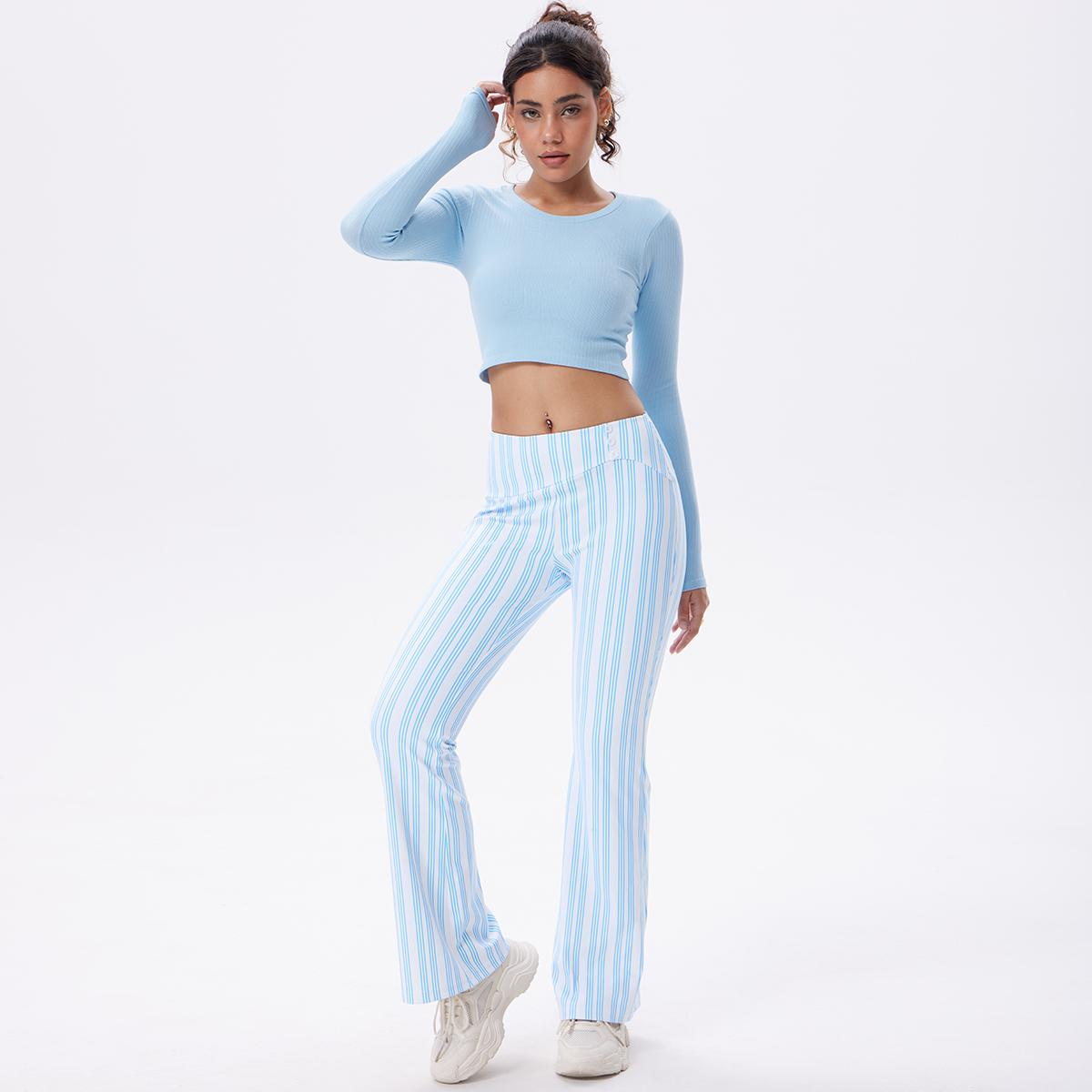 OQQ Women’s Striped Trousers High-Waist Striped Flare Pants – Casual Long Trousers Sport Workout Pants