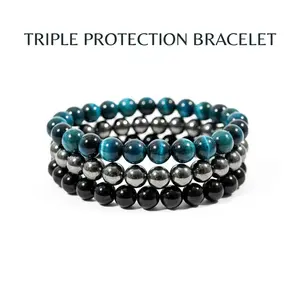 Blue tigers eye Triple Protection 8mm attraction Bracelet SetUnisex Healing Gift for Emotional Balance & Negative EnergyRepellent