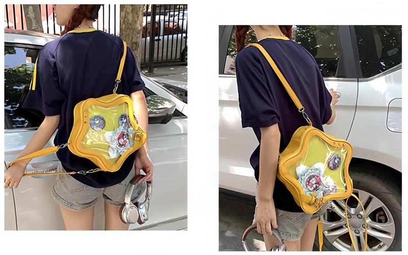 RIVERICH 3-Way Convertible Star-Shaped Ita Bag for Anime & K-Pop Fans, Multi-Strap Acrylic Display Backpack with Removable Shoulder Straps. This unique pentagram bag features a clear window to showcase your pins, charms, and collectibles