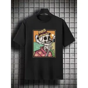 Men's Plus Size Skull Pattern Plain Color Short Sleeve Crew Neck T-shirt, Oversized Casual Clothing For Big And Tall Guys Best Sellers Gifts