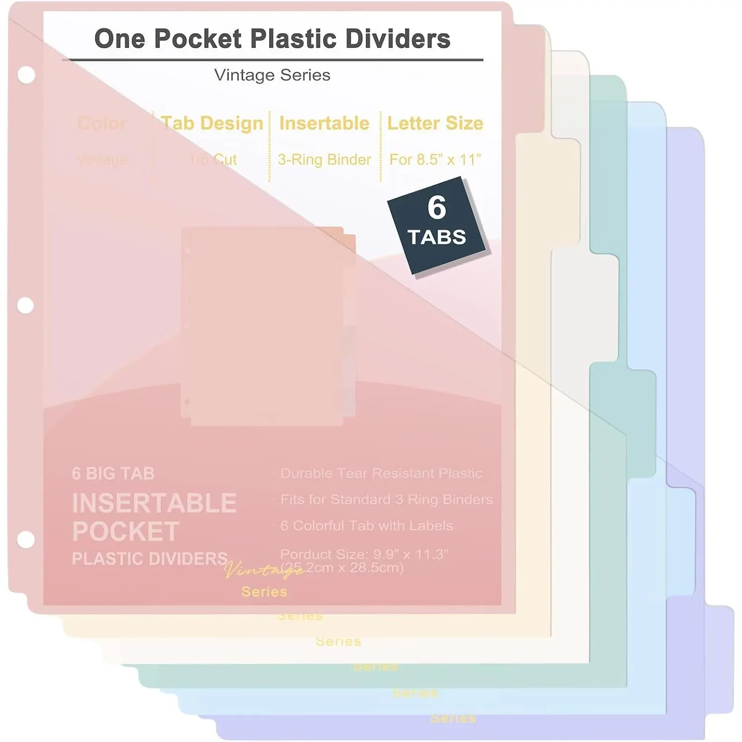 6 Tabs Binder Dividers with Pockets, Binder Dividers with Tabs for 3 Ring Binder Letter Size, Durable Plastic Binder Organizer, , 1 Set