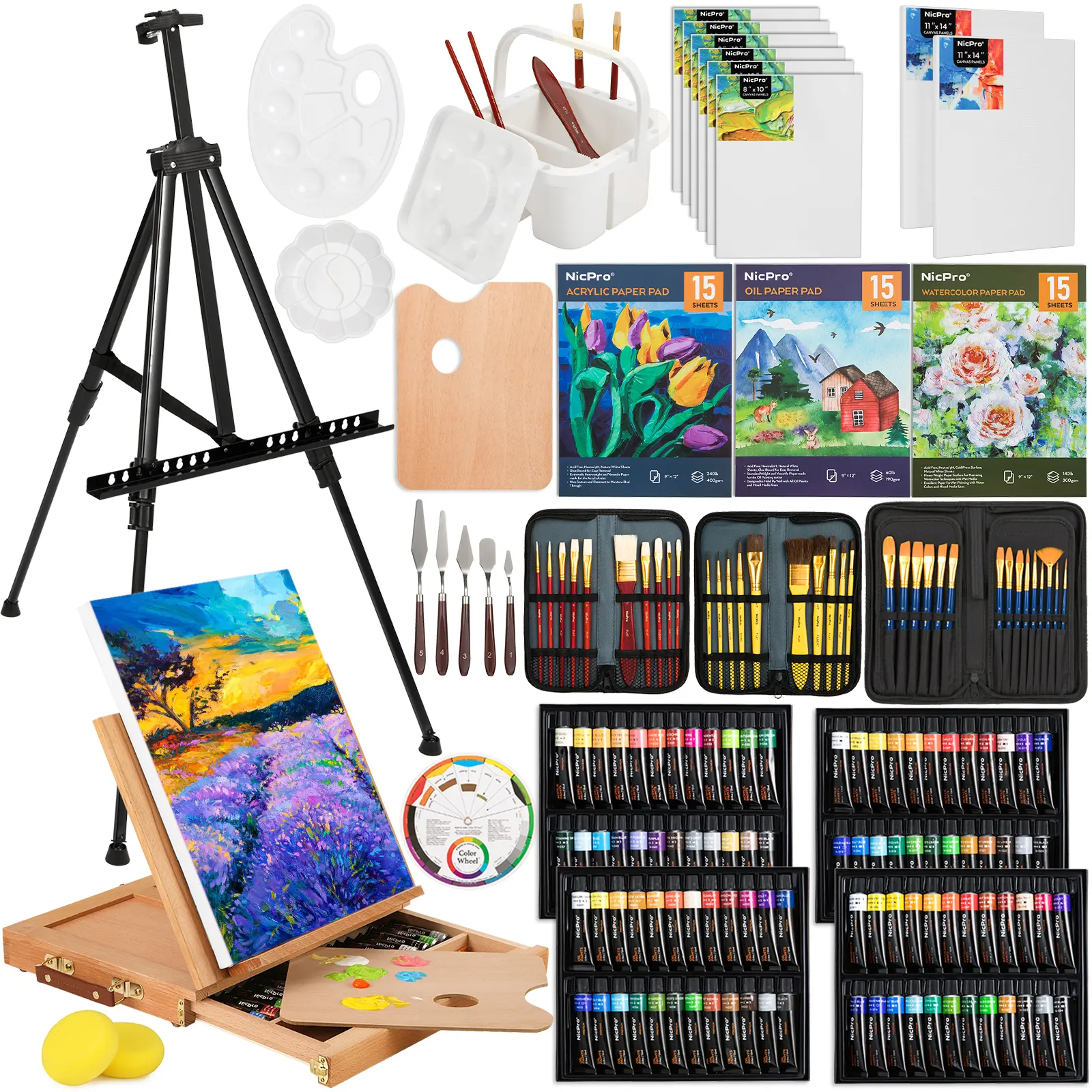 Nicpro 158Pack Deluxe Art Painting Kit with Metal and Solid Beech Wood Easel, Acrylic, Oil & Watercolor Paint Set, Paint Brushes, Canvas, Palette, Paper Pad, Professional Art Set for Adults Artist