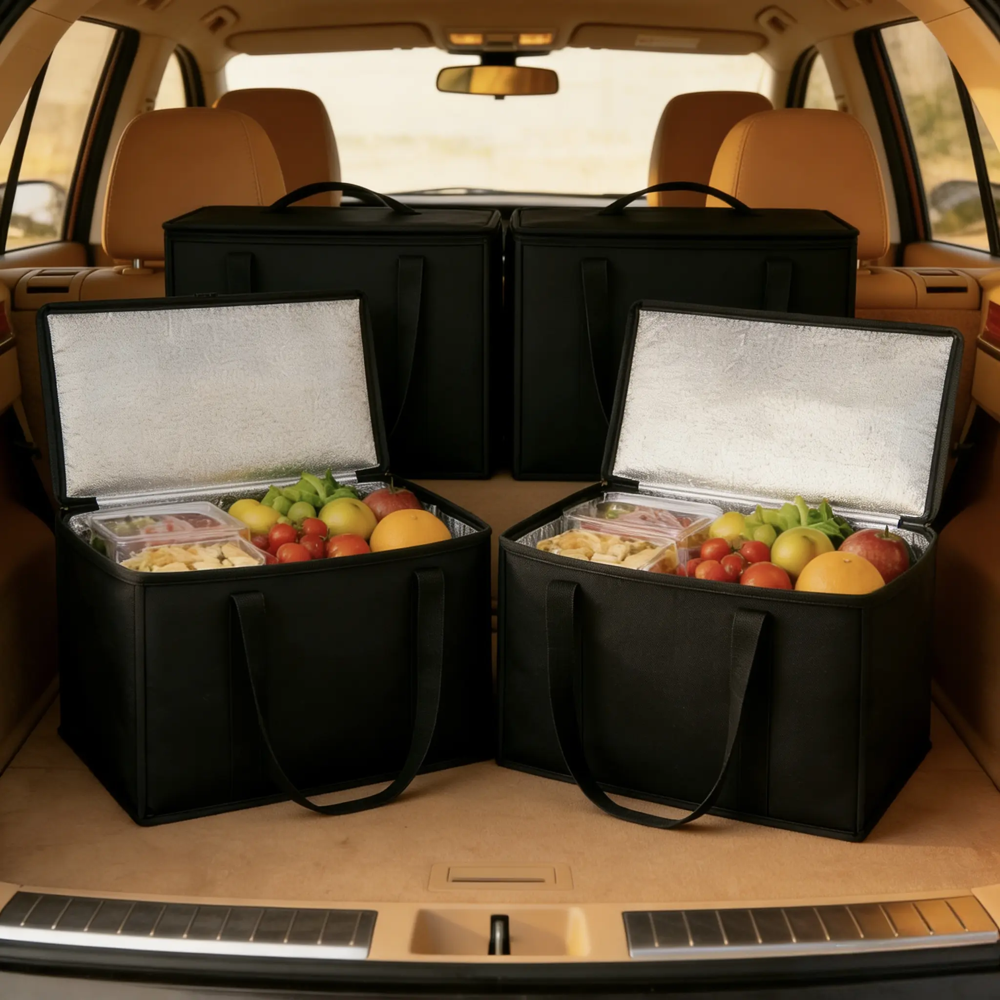 Oillase 2-Pack XL Reusable Insulated Shopping Bags, Black Thermal Zipper Tote Cooler, Collapsible for Hot/Cold Food Transport