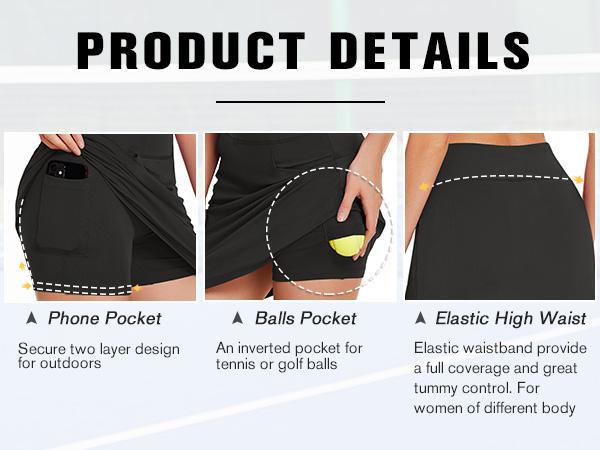 PINSPARK Skirt for Golf Tennis Women's Sports Athletic with Four pockets Knee Length Built-in Shorts Casual Workout  Springtok Outdoorfun