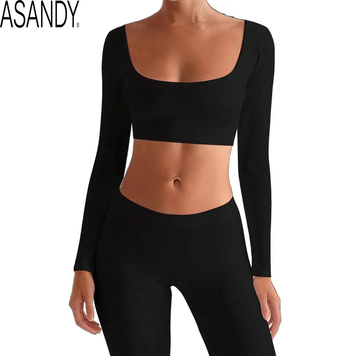 ASANDY Women's Square Neck Long-Sleeve Fitted Crop Top with Built-in Bra - Casual Workout Tops, Compression Activewear, Dry Fit Stretch Fitness Shirts