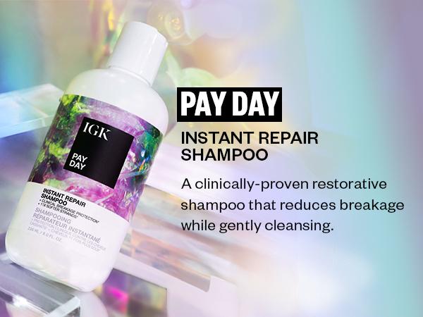 IGK PAY DAY Instant Repair Shampoo | Bond-Building + Damage Repair | Amla Oil + Vegan Silk Extract | Vegan + Cruelty Free | 236ml | 8 oz