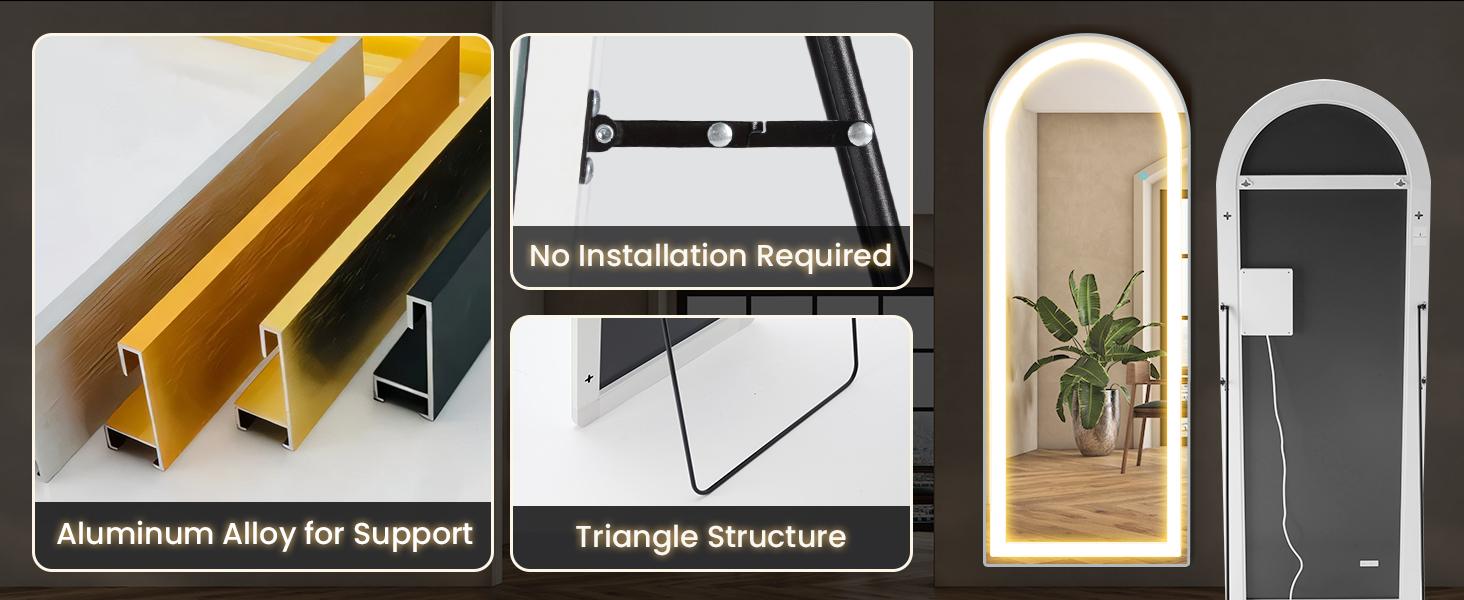 Stand Mirror Full Length with LED Lights, Floor Mirror Dimming & 3 Color Lighting, Large Mirror  for Bedroom, Glass Decorations Supplies