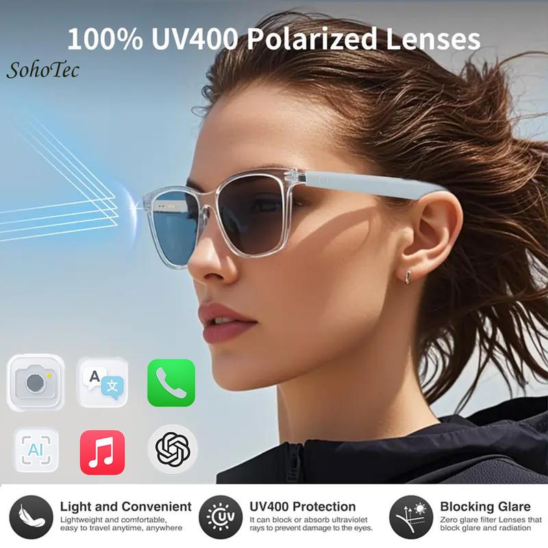 AI Interpretation Smart Glasses with Bluetooth Audio HD Voice Calls HIFI Music Auto-Tinting Polarized Lenses Built-in Speakers Mic Blue Light Blocking Wearable Wireless AI Translation Smart Assistant