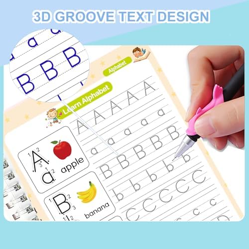 Reusable Grooved Handwriting Workbook for Kids, Learning Materials, 4 Books–Early Elementary, Covers Math, Words, Drawing –Gift for Children