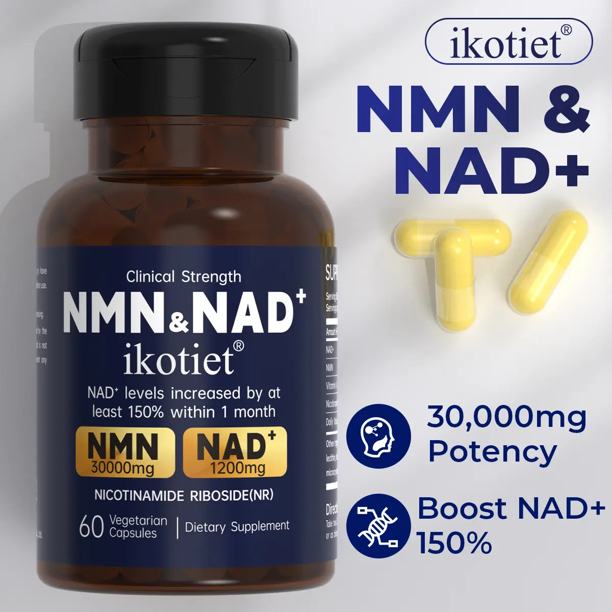 IKOTIET NMN Complex Natural Dietary Supplement - 10-in-1 Clinically Proven Caffeine-Free Bioactive Capsules, 1000mg Per Serving, 500mg Pure NMN, No Fillers, With Vitamin C, Resveratrol, CoQ10, Probiotics, Liposomal NAD Support for Sleep & Energy Boost, Na