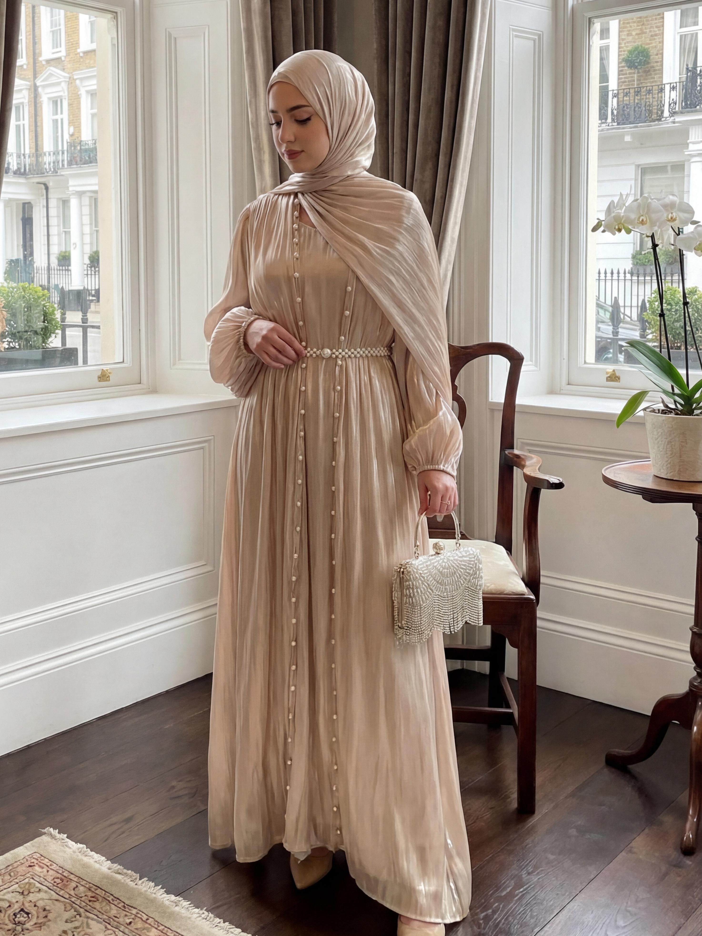 CL03 Pearl silk robe, Muslim dress, cardigan suit, streamer yarn, dignified and elegant exquisite robe, five piece set,Fashionweek【Fashionweek】 Maxidresses Thobe