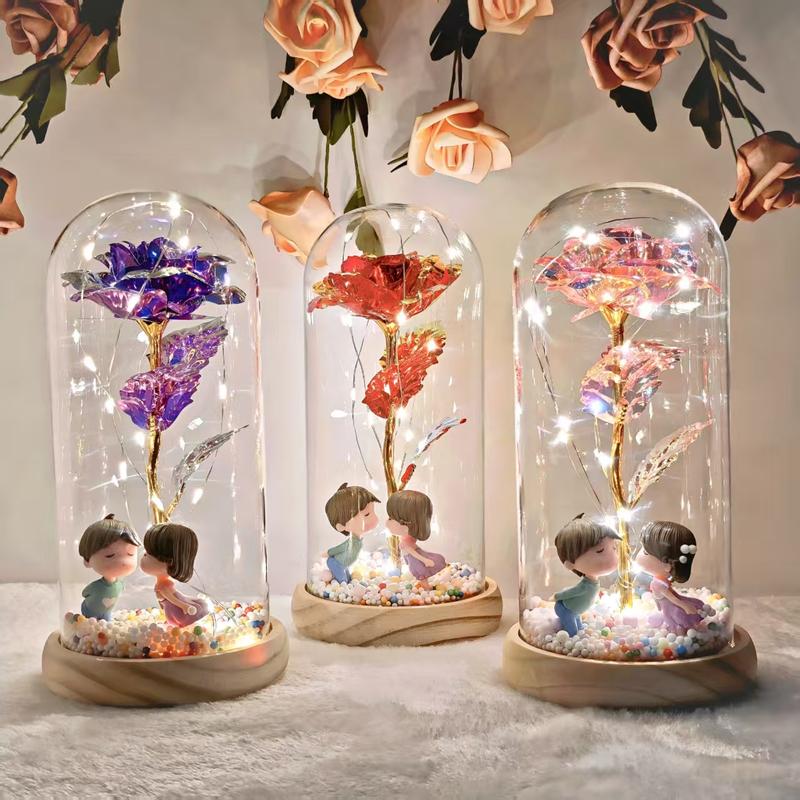Artificial Roses withLED Lights in Clear Glass Storage Box Single Stem Home Party Decorations for Valentine's Day Christmas Festival