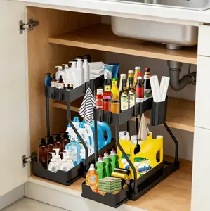 Multi-Purpose 2-Tier Under Sink Organizer with Sliding Pull-Out Basket, Space-Saving Storage Shelf for Kitchen & Bathroom cap door makeup brush holder anniversary wedding gift cosmetic storage basket shoe must have usb rechargeable pump home shelving