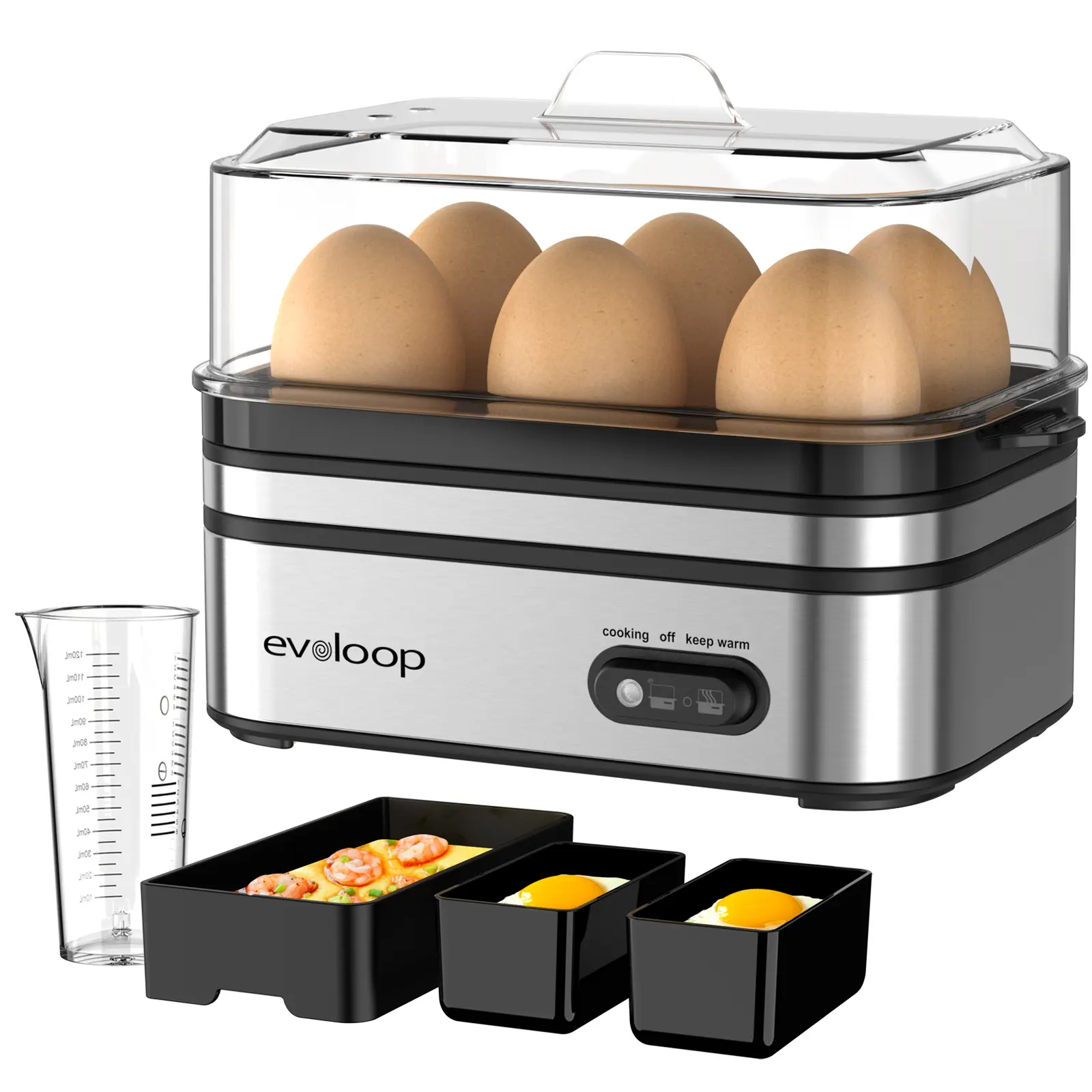 EVOLOOP Rapid Egg Steamer - 6-Egg Capacity, BPA-Free Stainless Steel with Clear Tritan Lid, 400W Electric Egg Cooker for Hard Bo iled, Poached, Scrambled, or Omelette, Includes Measurement Cup & 2 Poaching Trays, Auto Shut Off,home essentials
