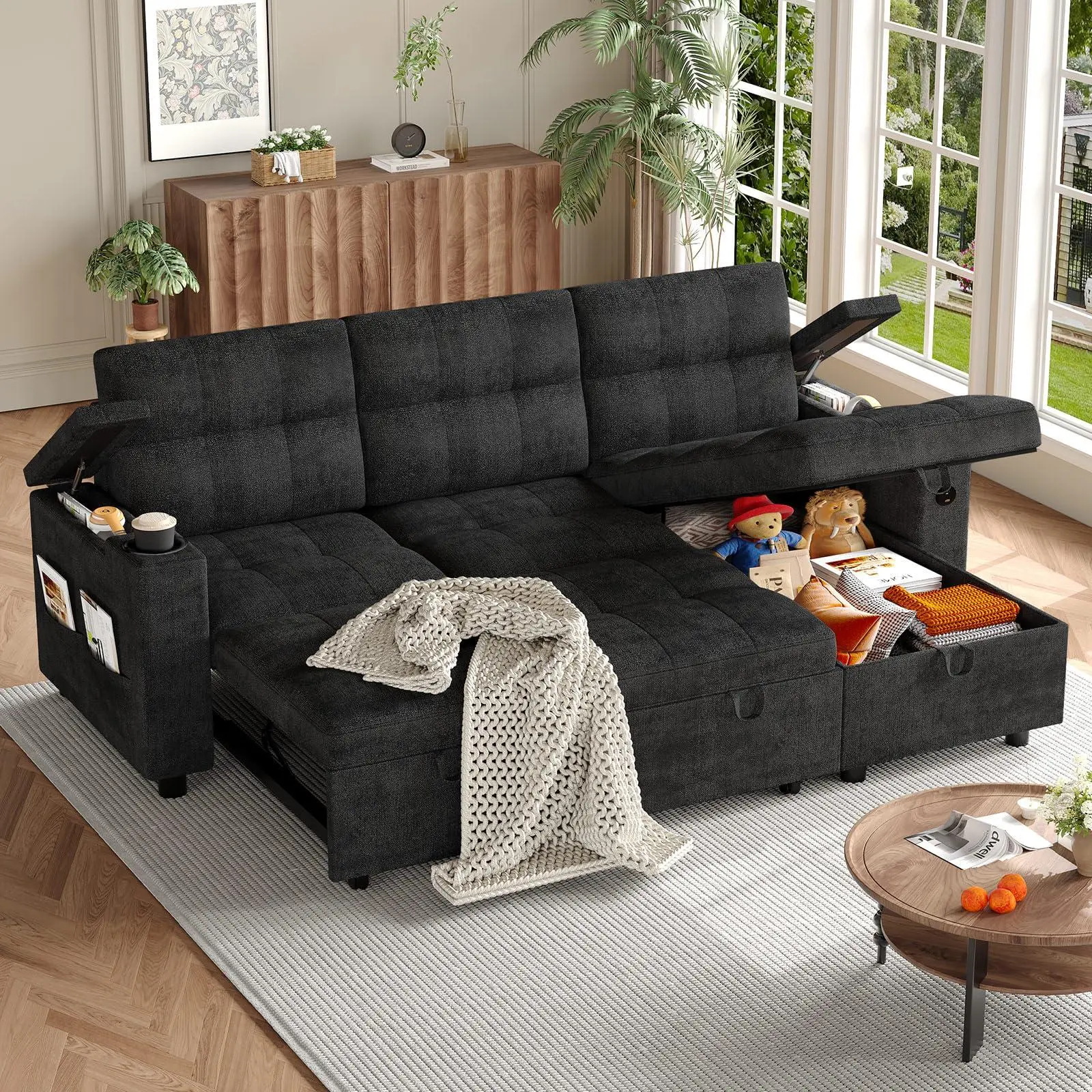 Black Modern Linen Fabric Convertible Sleeper Sofa - 84'' L-Shaped Sectional with Pull-Out Bed, Reversible Storage Chaise, Hidden Storage Armrests, Built-In Cup Holders, USB Ports, Space-Saving for Living Room