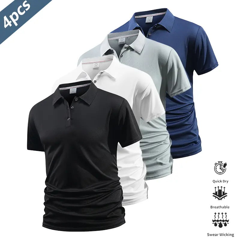 Pack of 4 men’s casual short-sleeve polo shirts—quick-dry golf and tennis tops, comfortable riding apparel, stylish men’s sportswear—ideal for casual gatherings, holidays, and travel, featuring contrast color at the neckline and cuffs., Golf Casual Style