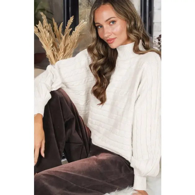 Cream Cable Knit Mock Neck Sweater