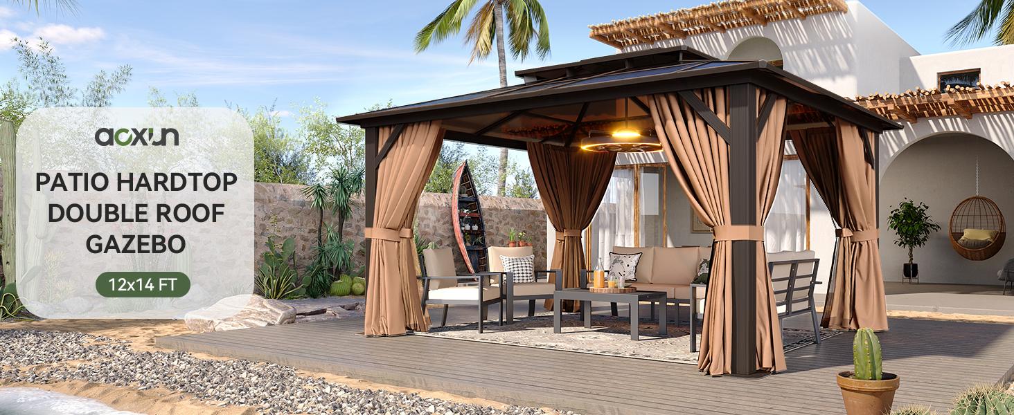 【Ships in 2 Packages】Aoxun 12'x10' Hardtop Gazebo, Aluminum Frame Permanent Pavilion with Curtains and Netting, Outdoor Polycarbonate Double Roof Canopy, Designed for Garden, Lawns, Patio, Brown