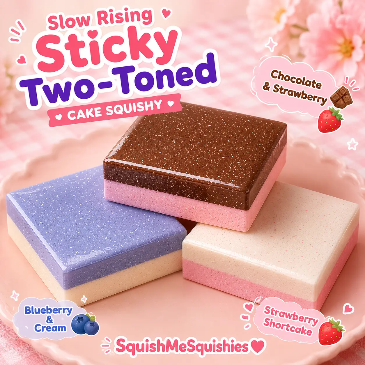 Slow Rising Sticky Two-Toned Cake Squishy, Blueberry and Cream, Strawberry Shortcake, Chocolate Strawberry Stress Relief Squishies