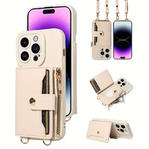 Phone Case - Faux Leather Protective Case for Iphone 17 Pro Max/16/15/14/13/12/11 Pro, Featuring a Long Strap, Multifunctional Mirror, And Zippered Card Holder, Designed to Prevent Drops.