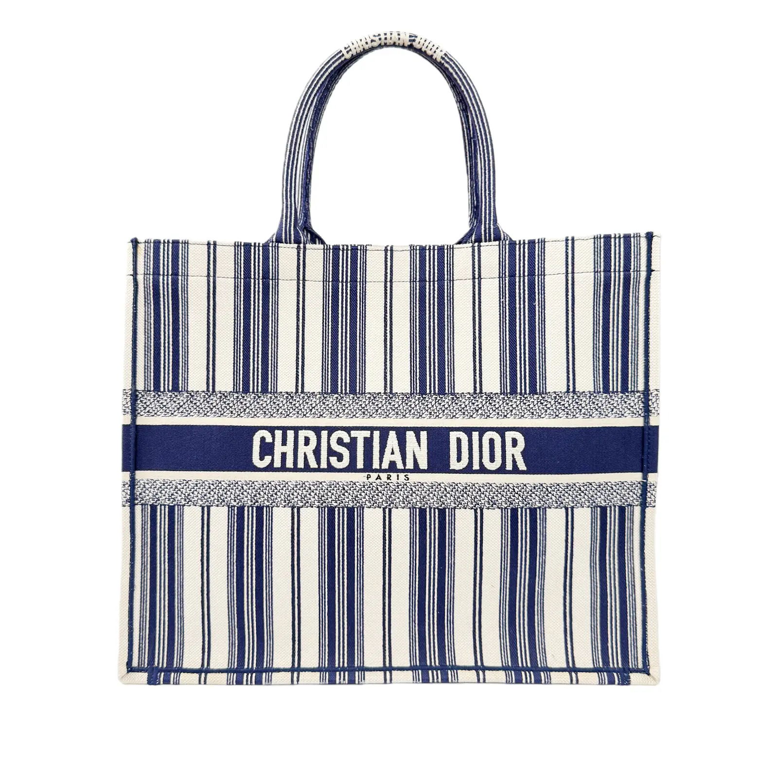 Pre-owned Dior Canvas Tote Bags Christian Book Tote Blue and White Bayadère Striped Tote Bag
