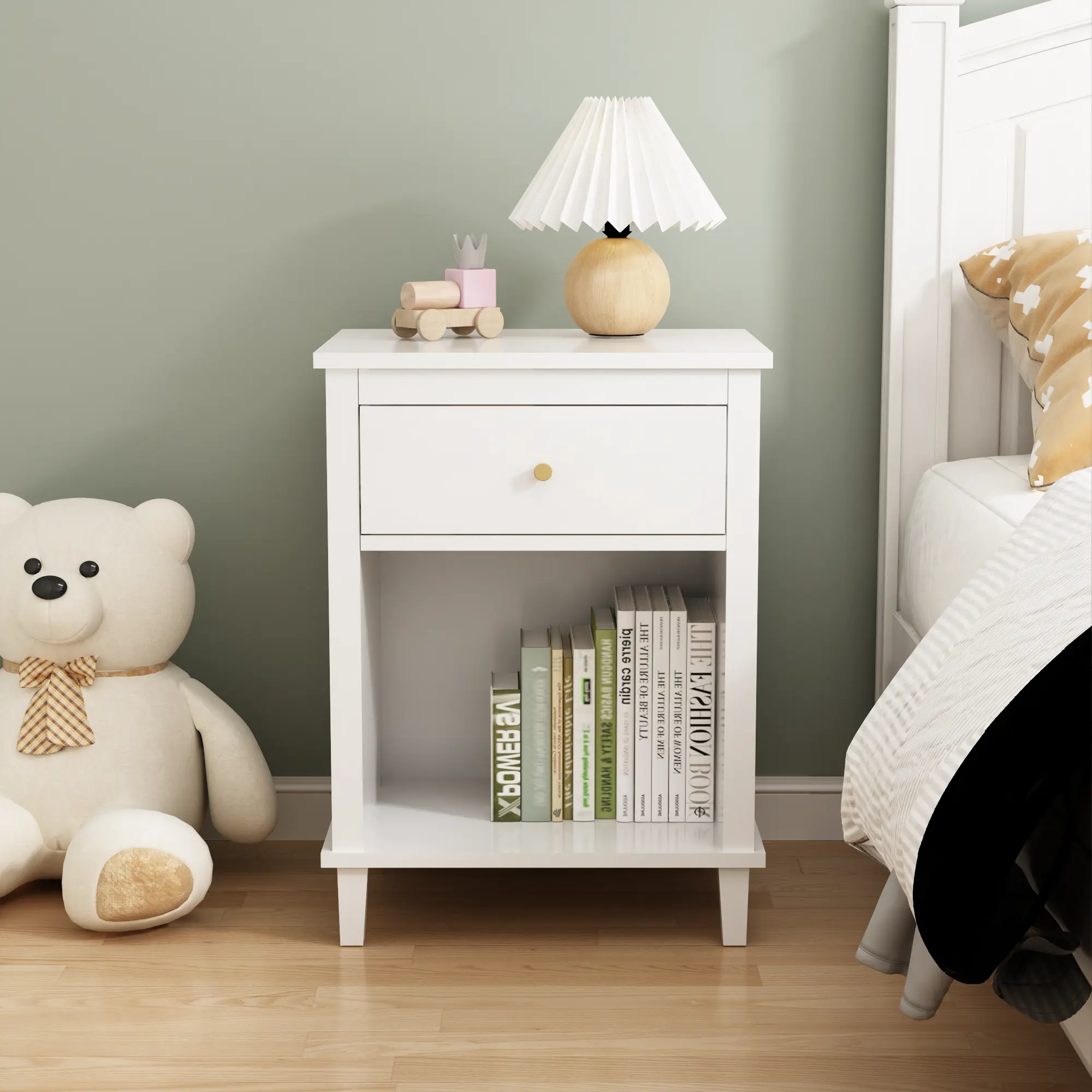 26.77''H Wooden Nightstand with One Drawer One Shelf for Kids, Adults, White+Golden handle