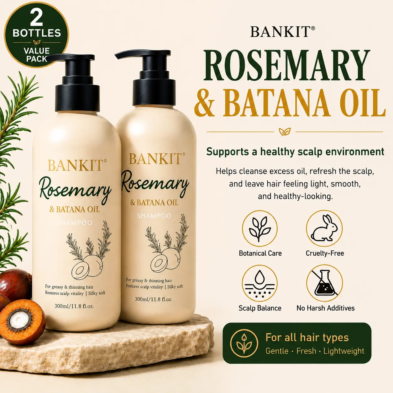 [2 Bottles] BANKIT Rosemary & Batana Oil Hair Growth Shampoo - Gentle Haircare Cleanser, Reduces Oily Scalp, Dandruff & Scalp Irritation, Restores Smooth Healthy Shine
