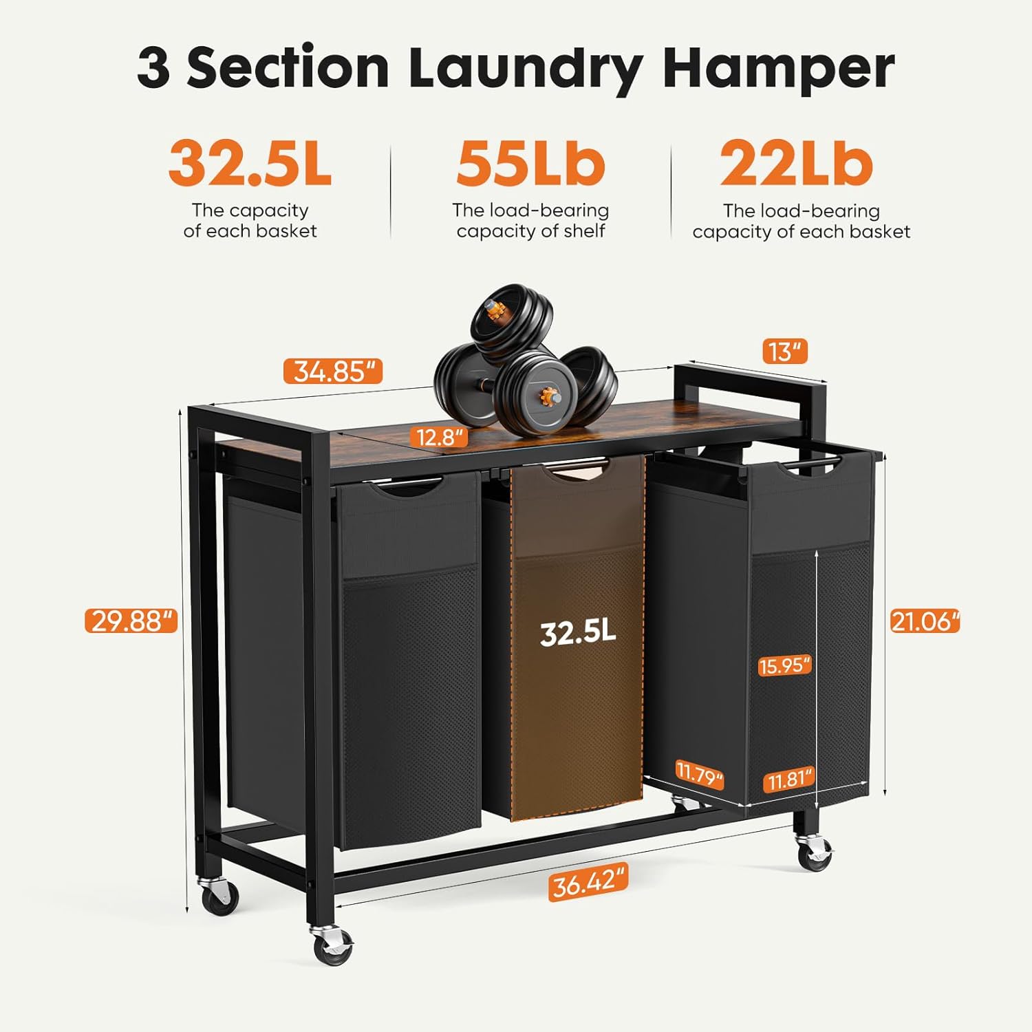 Laundry Hamper with Pull-Out Removable Sorter Bags Large Capacity and Movable Wheels,Freestanding Clothes Basket Organizer for Bathroom