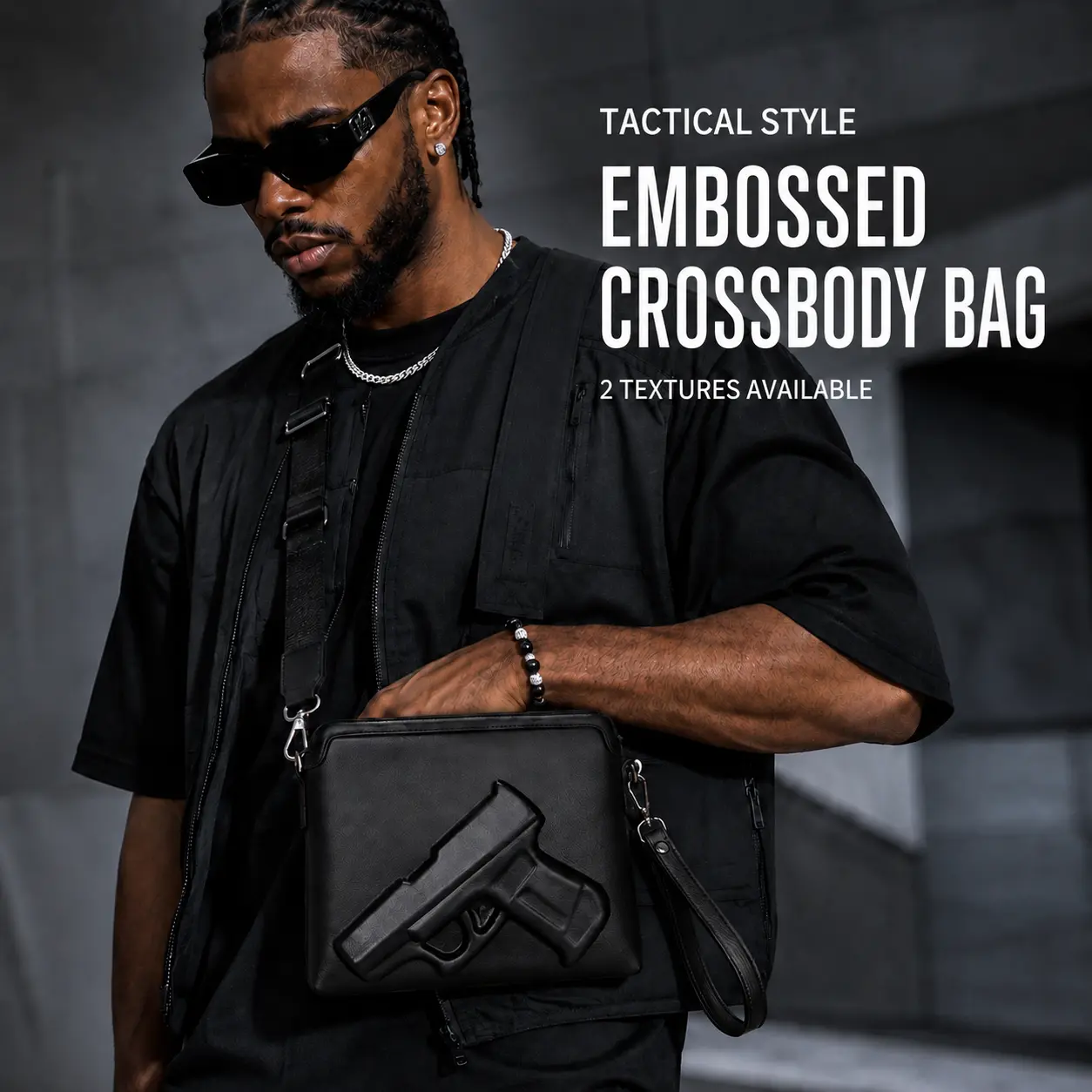 Men’s Novelty Embossed Crossbody Bag, Black Faux Leather Shoulder Bag with Detachable Strap, Tactical Streetwear Clutch Wristlet, Smooth or Pebbled Grain, Gift