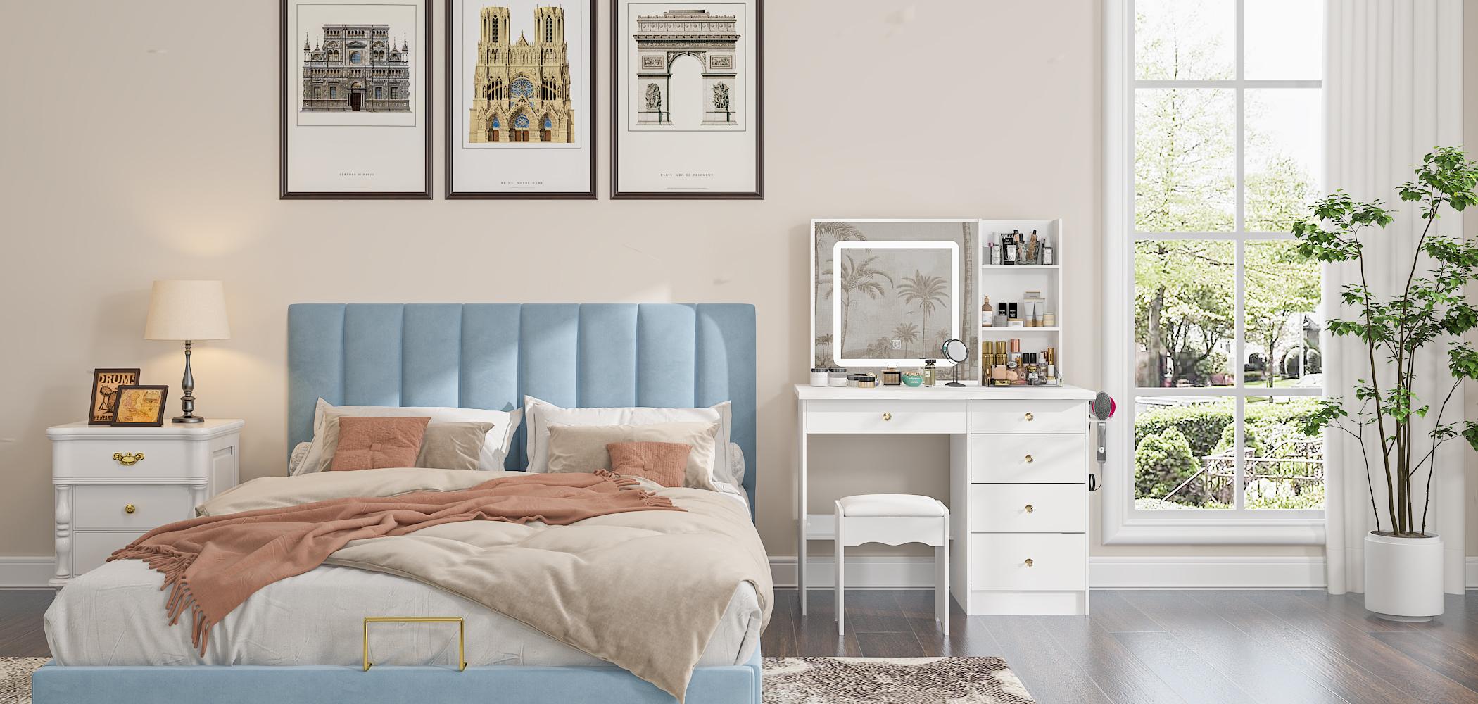 FUFU&GAGA Large Vanity Table Set with Sliding Lighted Mirror, Dressing Table with Drawers, Cushioned Stool, and Storage Capacity for Makeup and Beauty Supplies