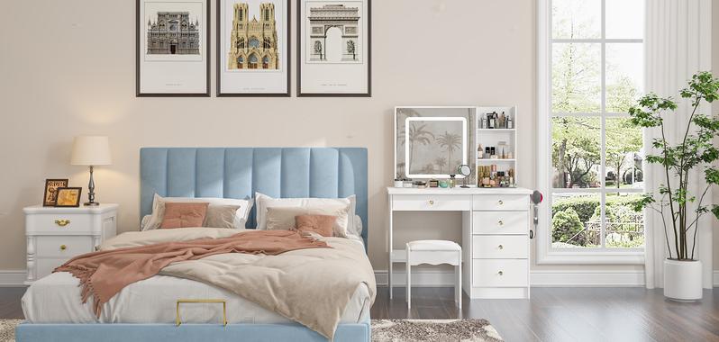 FUFU&GAGA Large Vanity Table Set with Sliding Lighted Mirror, Dressing Table with Drawers, Cushioned Stool, and Storage Capacity for Makeup and Beauty Supplies