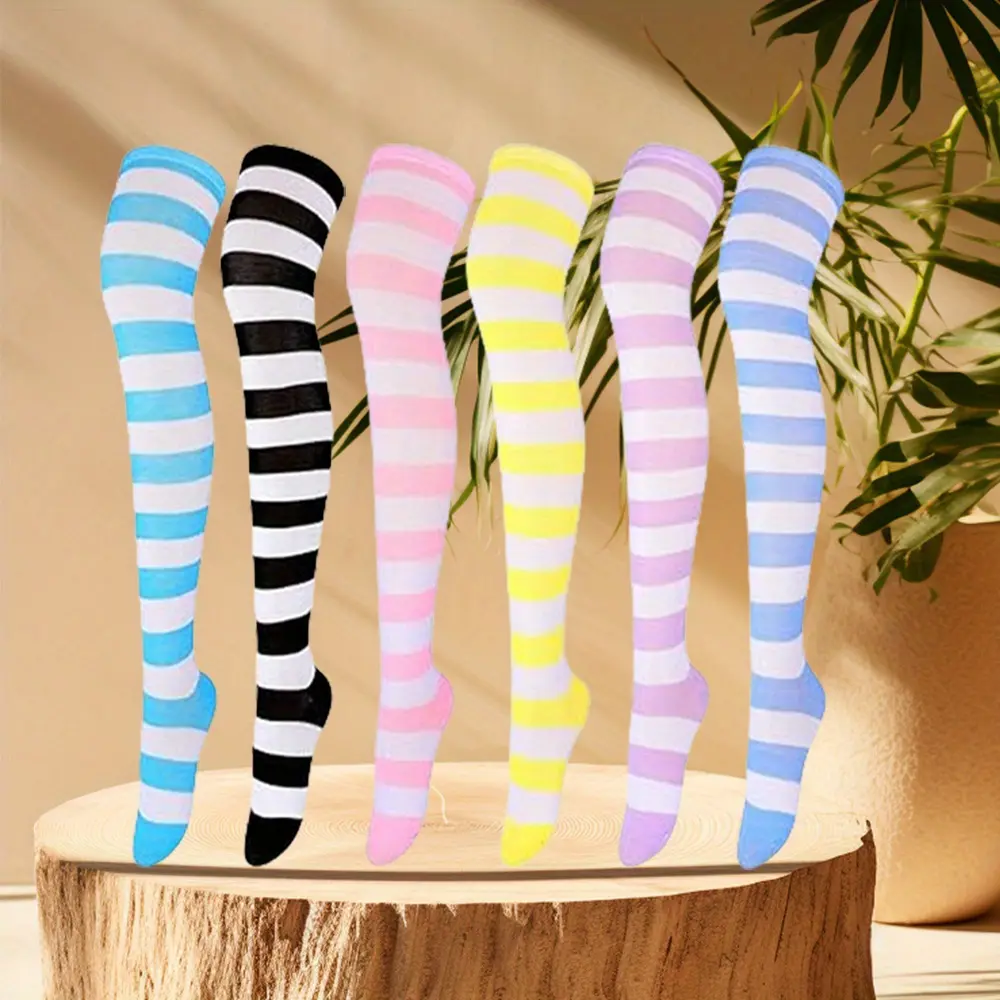 Women's Striped Thigh High Stockings, 6 Pack Soft Smooth Cotton-Acrylic, Comfortable Over the Knee Socks, Stocking, Fashion, Sweet, Breathable, All, Stripes, Cruelty Free, Six Pairs