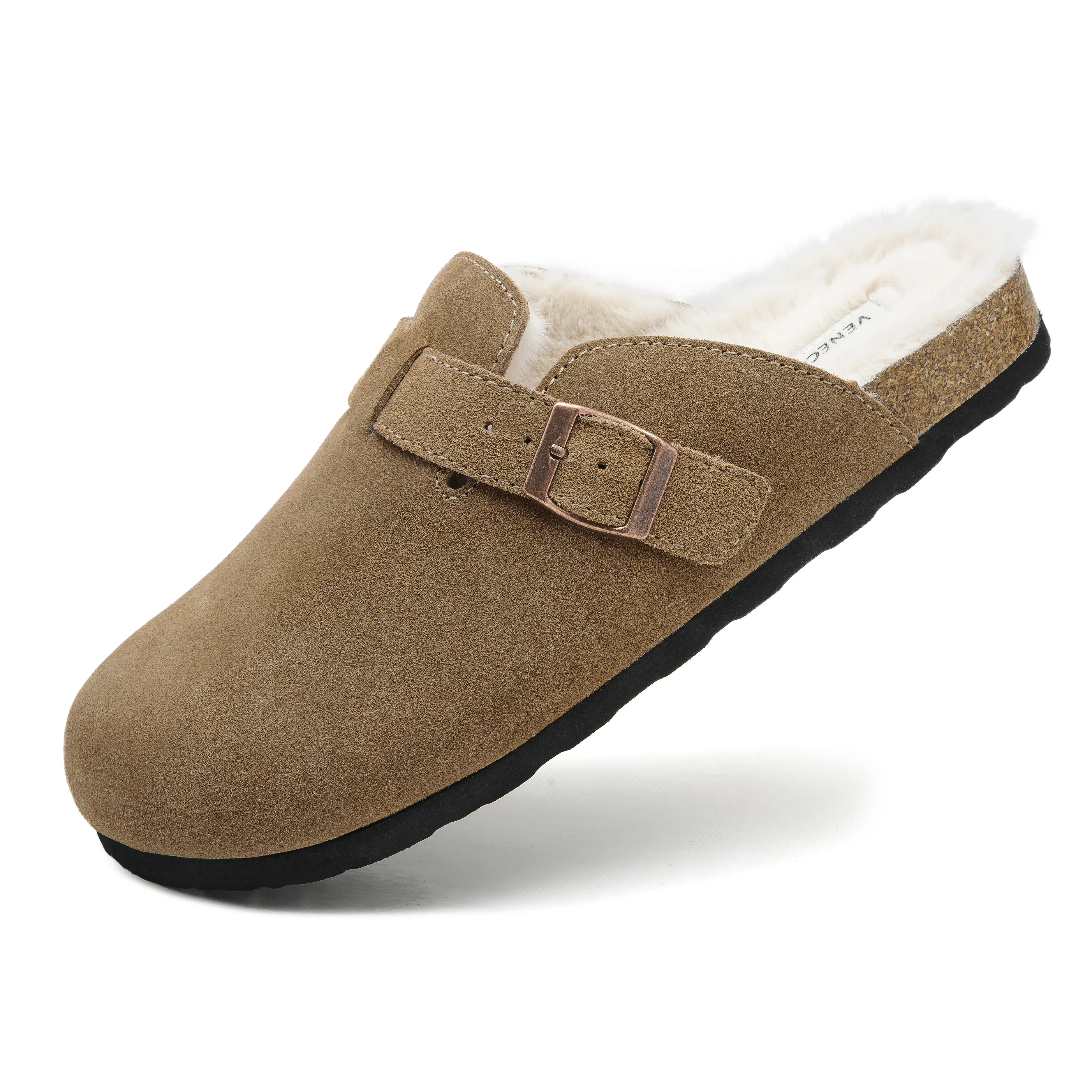 VENECORE Erica Women's Clogs - Genuine Cow Suede Leather, Cork Footbed, Soft Suede, Faux Fur Lined, Comfort Cushioned Mule Slide Shoes for Everyday Wear - Rubber - Padded Casual Shoes Clogs Beach Clogs