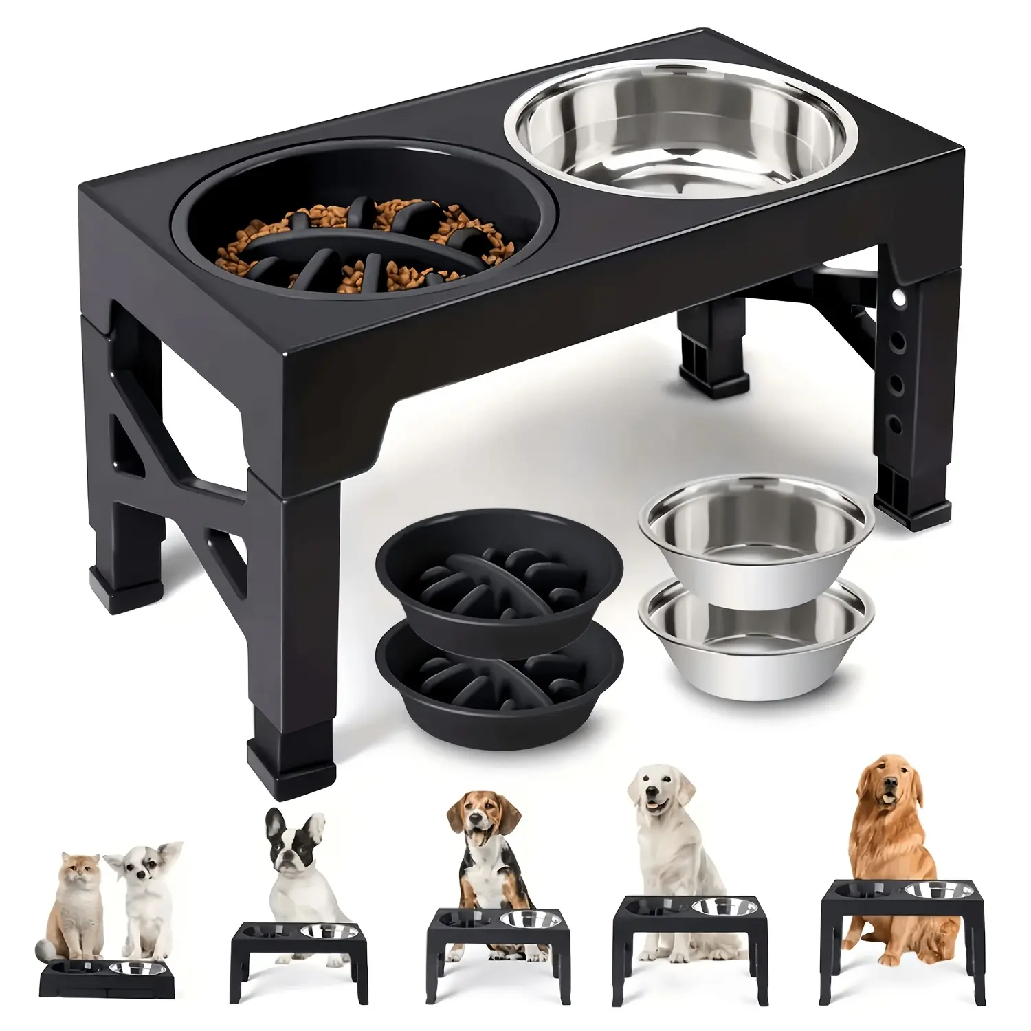Adjustable 5-Step Height Pet Bowl, Foldable Height-Adjustable Pet Bowl Stand, Equipped with 2 Slow Feed Bowls And 2 Stainless Steel Pet Food Bowls, Suitable for Medium to Large Dogs And Cats